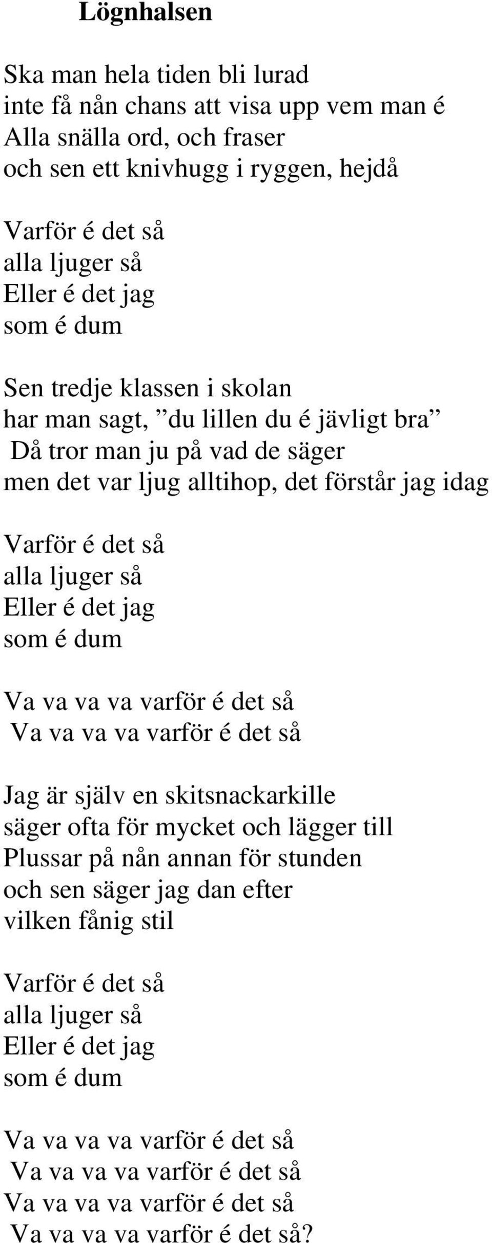 é det jag som é dum Va va va va varför é det så Va va va va varför é det så Jag är själv en skitsnackarkille säger ofta för mycket och lägger till Plussar på nån annan för stunden och sen säger