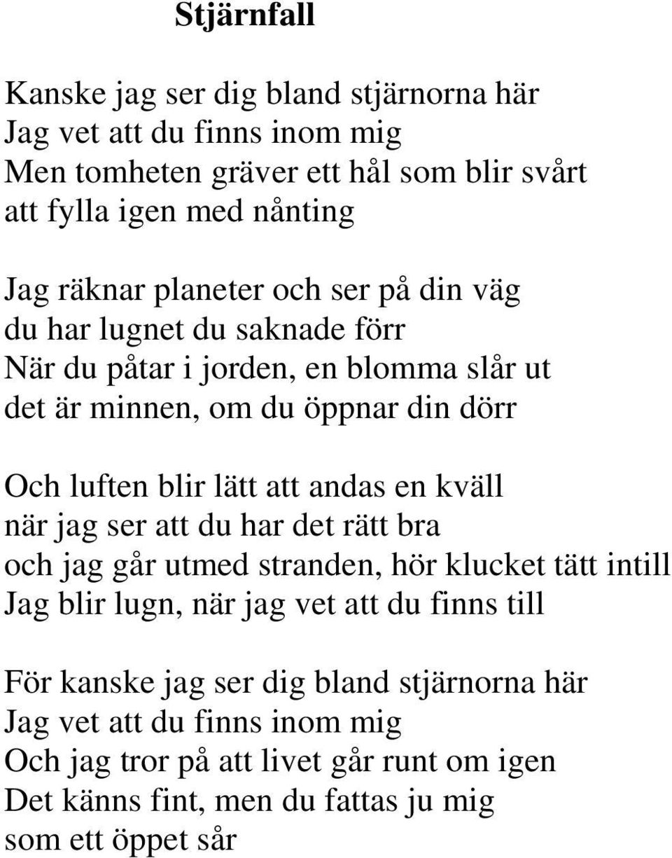 lätt att andas en kväll när jag ser att du har det rätt bra och jag går utmed stranden, hör klucket tätt intill Jag blir lugn, när jag vet att du finns till För