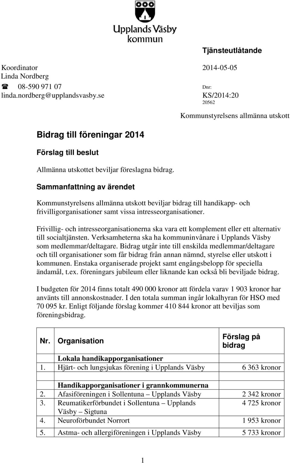 Sammanfattning av ärendet Kommunstyrelsens allmänna utskott Kommunstyrelsens allmänna utskott beviljar bidrag till handikapp- och frivilligorganisationer samt vissa intresseorganisationer.