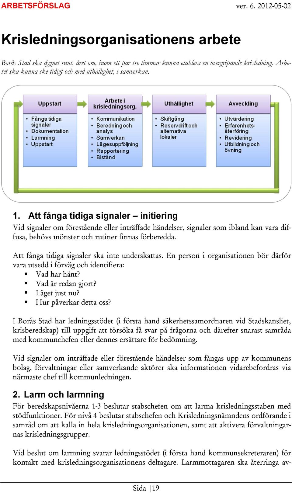 Att fånga tidiga signaler initiering Vid signaler om förestående eller inträffade händelser, signaler som ibland kan vara diffusa, behövs mönster och rutiner finnas förberedda.