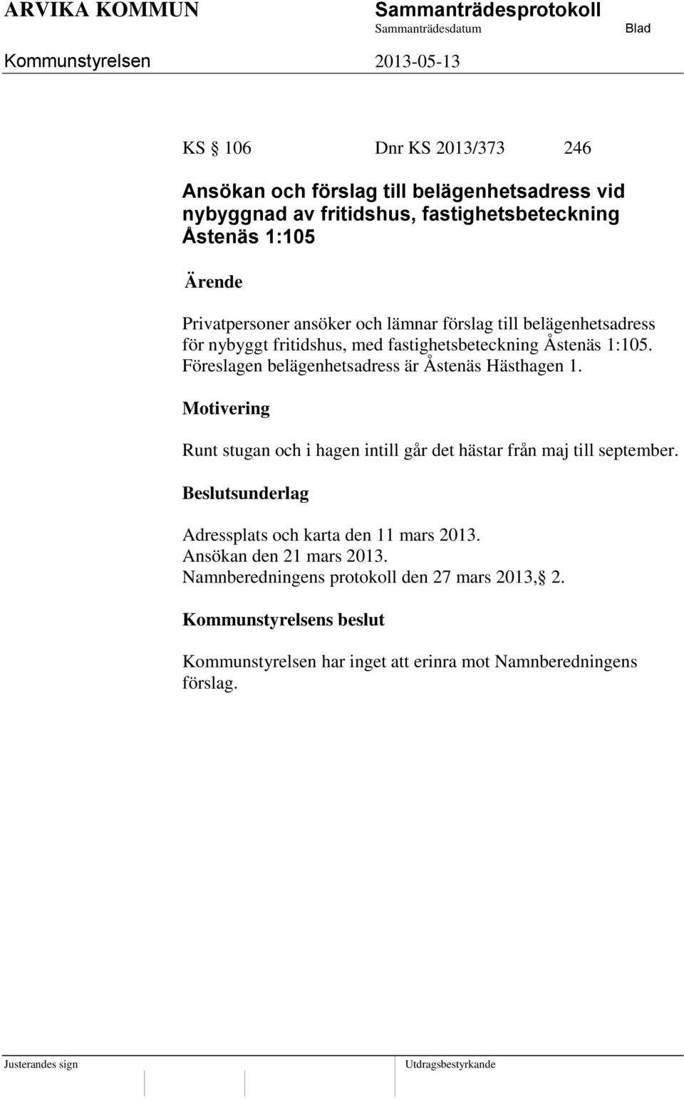 Föreslagen belägenhetsadress är Åstenäs Hästhagen 1. Motivering Runt stugan och i hagen intill går det hästar från maj till september.