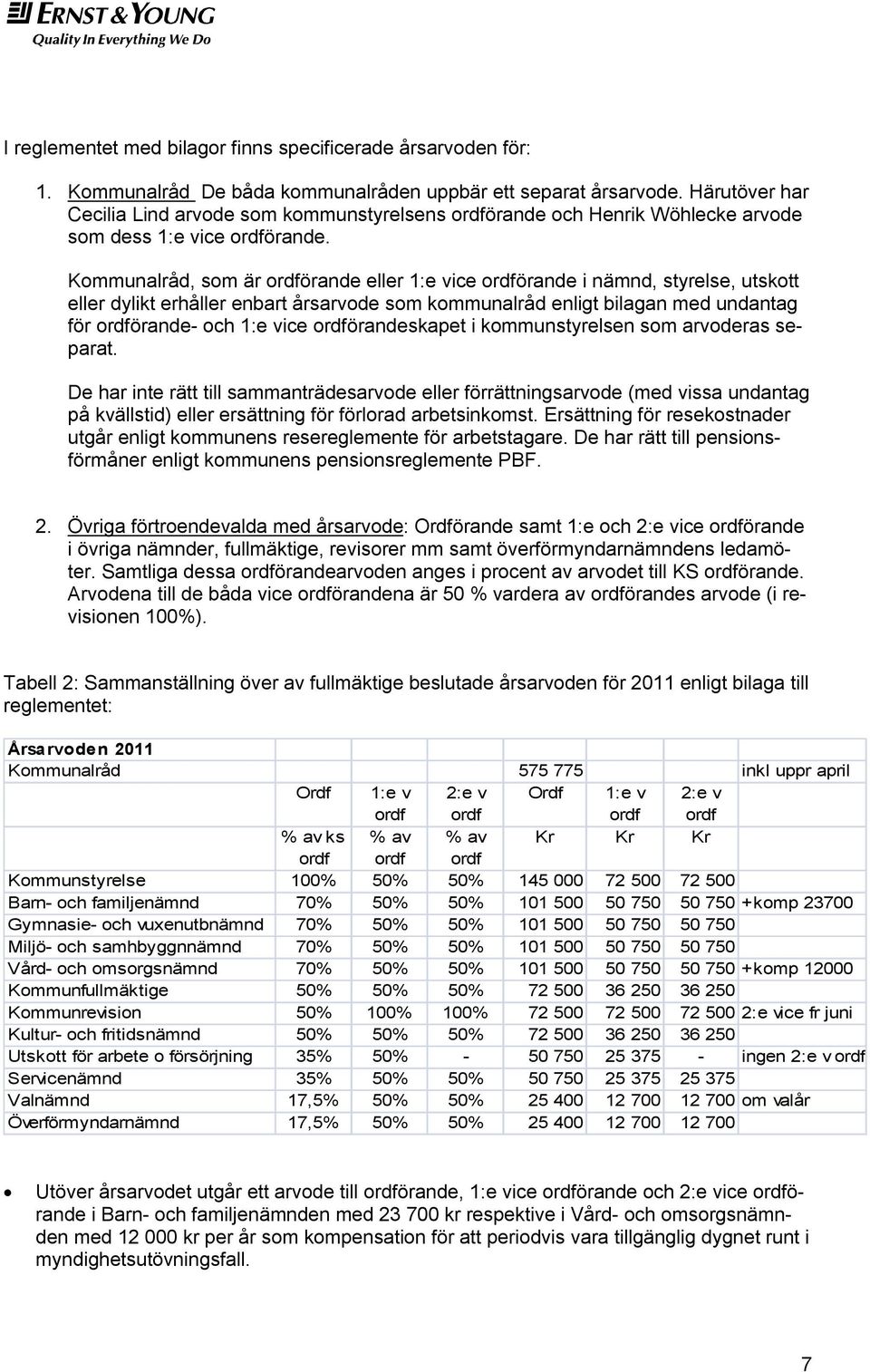 Kommunalråd, som är ordförande eller 1:e vice ordförande i nämnd, styrelse, utskott eller dylikt erhåller enbart årsarvode som kommunalråd enligt bilagan med undantag för ordförande- och 1:e vice