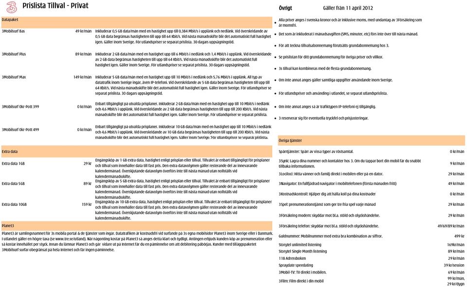 Gäller inom Sverige. För utlandspriser se separat prislista. 30 dagars uppsägningstid. Inkluderar 2 GB data/mån med en hastighet upp till 6 Mbit/s i nedlänk och 1,4 Mbit/s i upplänk.