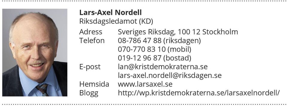 (mobil) 019-12 96 87 (bostad) lan@kristdemokraterna.se lars-axel.