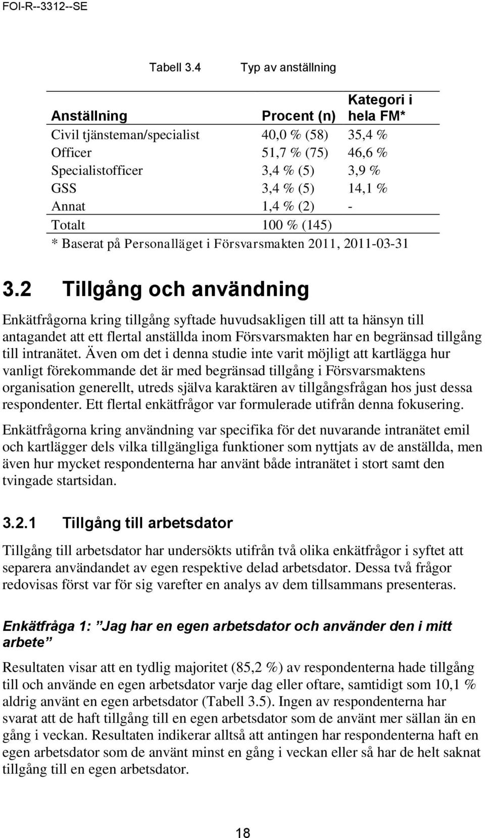 1,4 % (2) - Totalt 100 % (145) * Baserat på Personalläget i Försvarsmakten 2011, 2011-03-31 3.