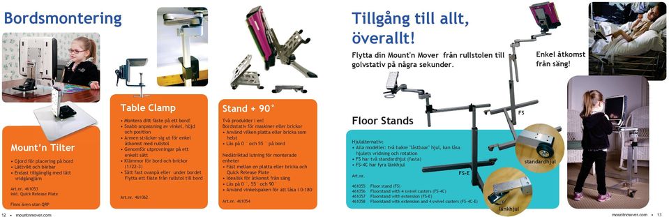 Snabb anpassning av vinkel, höjd och position Armen sträcker sig ut för enkel åtkomst med rullstol Genomför utprovningar på ett enkelt sätt Klämmor för bord och brickor (1/22-3) Sätt fast ovanpå