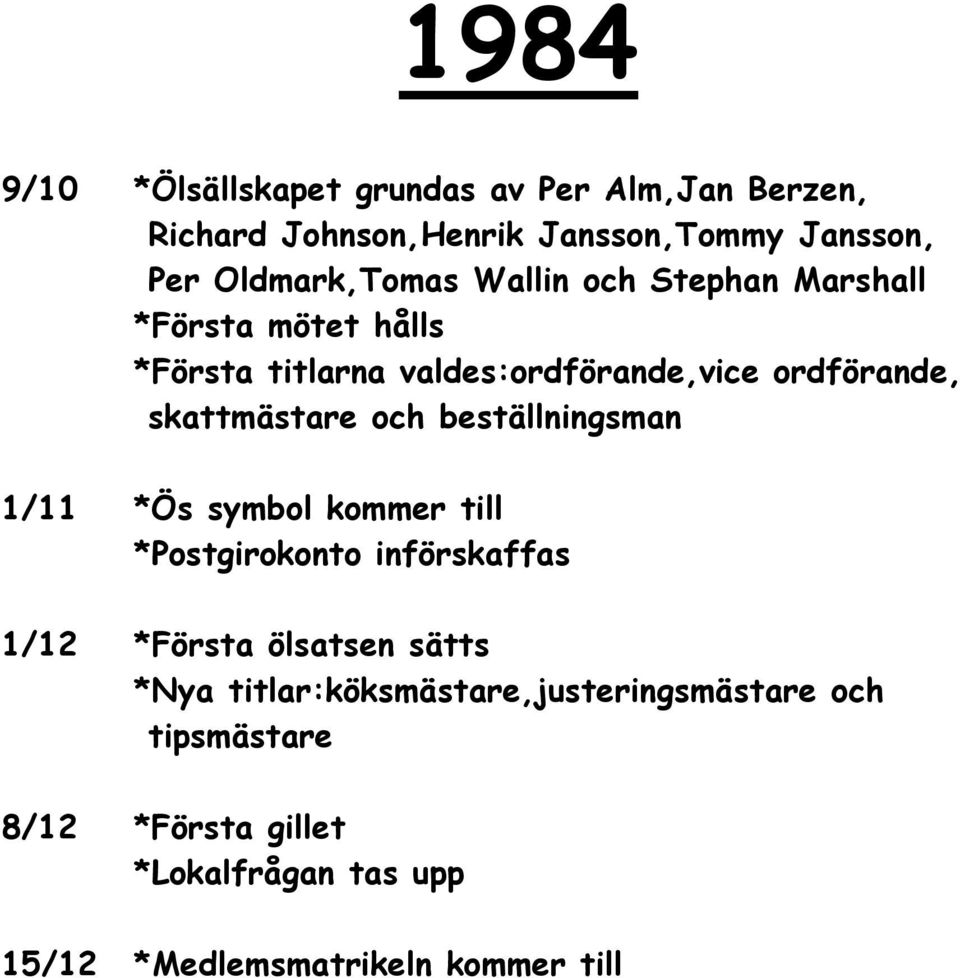 skattmästare och beställningsman 1/11 *Ös symbol kommer till *Postgirokonto införskaffas 1/12 *Första ölsatsen sätts