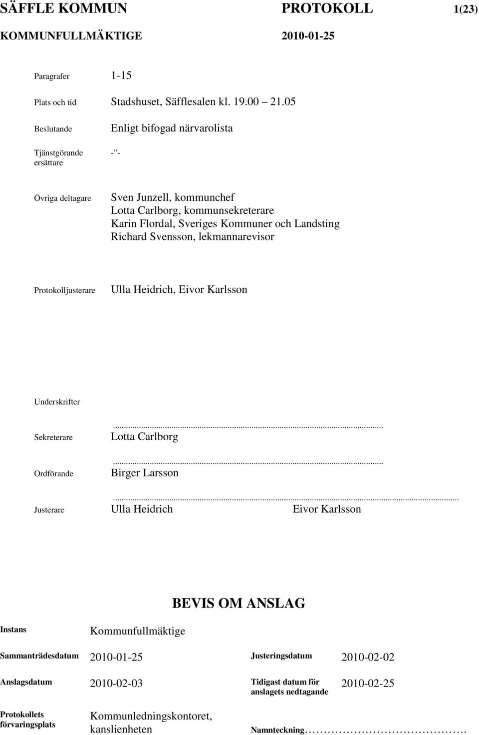 Landsting Richard Svensson, lekmannarevisor Protokolljusterare Ulla Heidrich, Eivor Karlsson Underskrifter Sekreterare Ordförande... Lotta Carlborg... Birger Larsson.