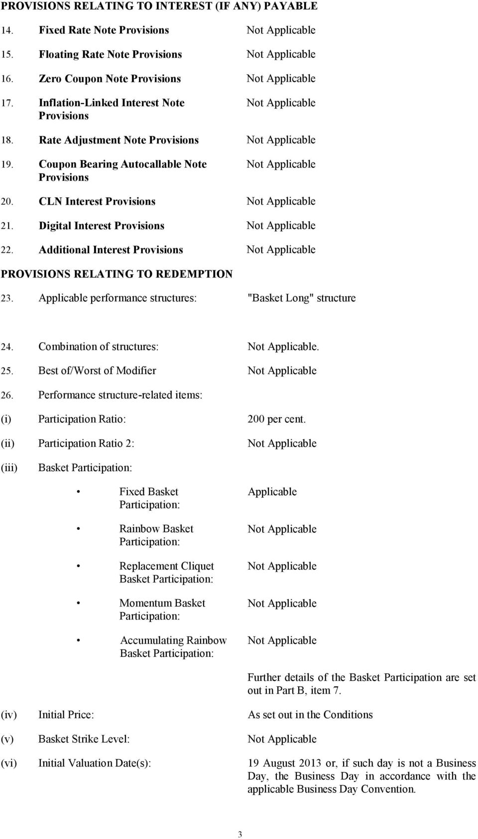 CLN Interest Provisions Not Applicable 21. Digital Interest Provisions Not Applicable 22. Additional Interest Provisions Not Applicable PROVISIONS RELATING TO REDEMPTION 23.