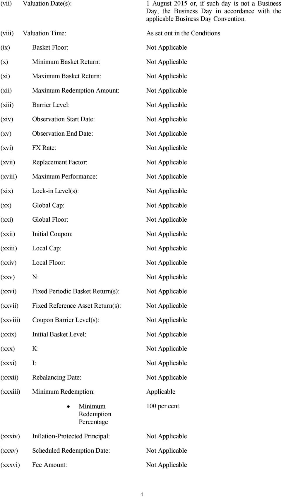 Amount: Not Applicable (xiii) Barrier Level: Not Applicable (xiv) Observation Start Date: Not Applicable (xv) Observation End Date: Not Applicable (xvi) FX Rate: Not Applicable (xvii) Replacement