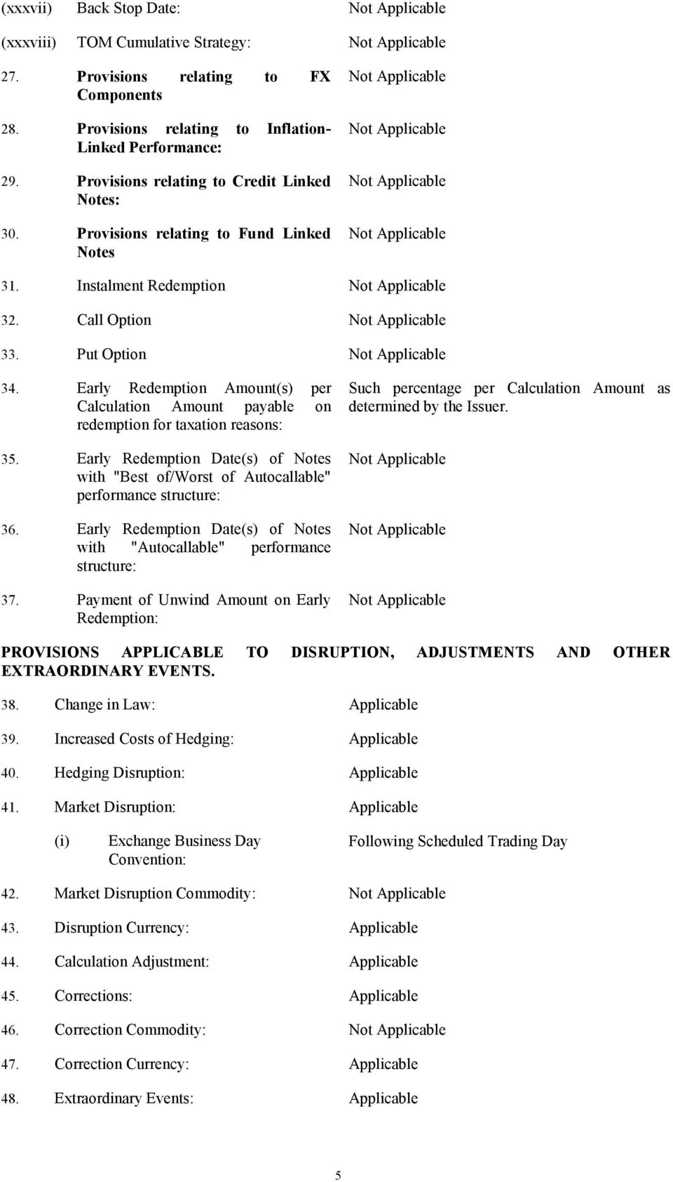 Call Option Not Applicable 33. Put Option Not Applicable 34. Early Redemption Amount(s) per Calculation Amount payable on redemption for taxation reasons: 35.