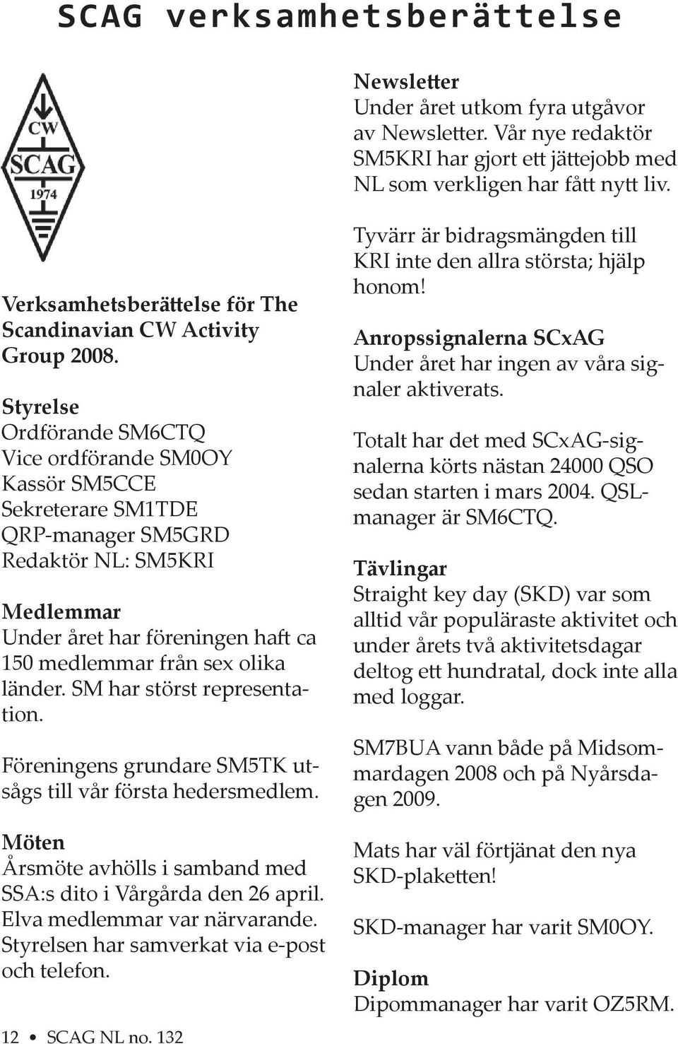 Styrelse Ordförande SM6CTQ Vice ordförande SM0OY Kassör SM5CCE Sekreterare SM1TDE QRP-manager SM5GRD Redaktör NL: SM5KRI Medlemmar Under året har föreningen ha ca 150 medlemmar från sex olika länder.