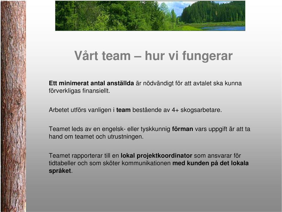 Teamet leds av en engelsk- eller tyskkunnig förman vars uppgift är att ta hand om teamet och utrustningen.