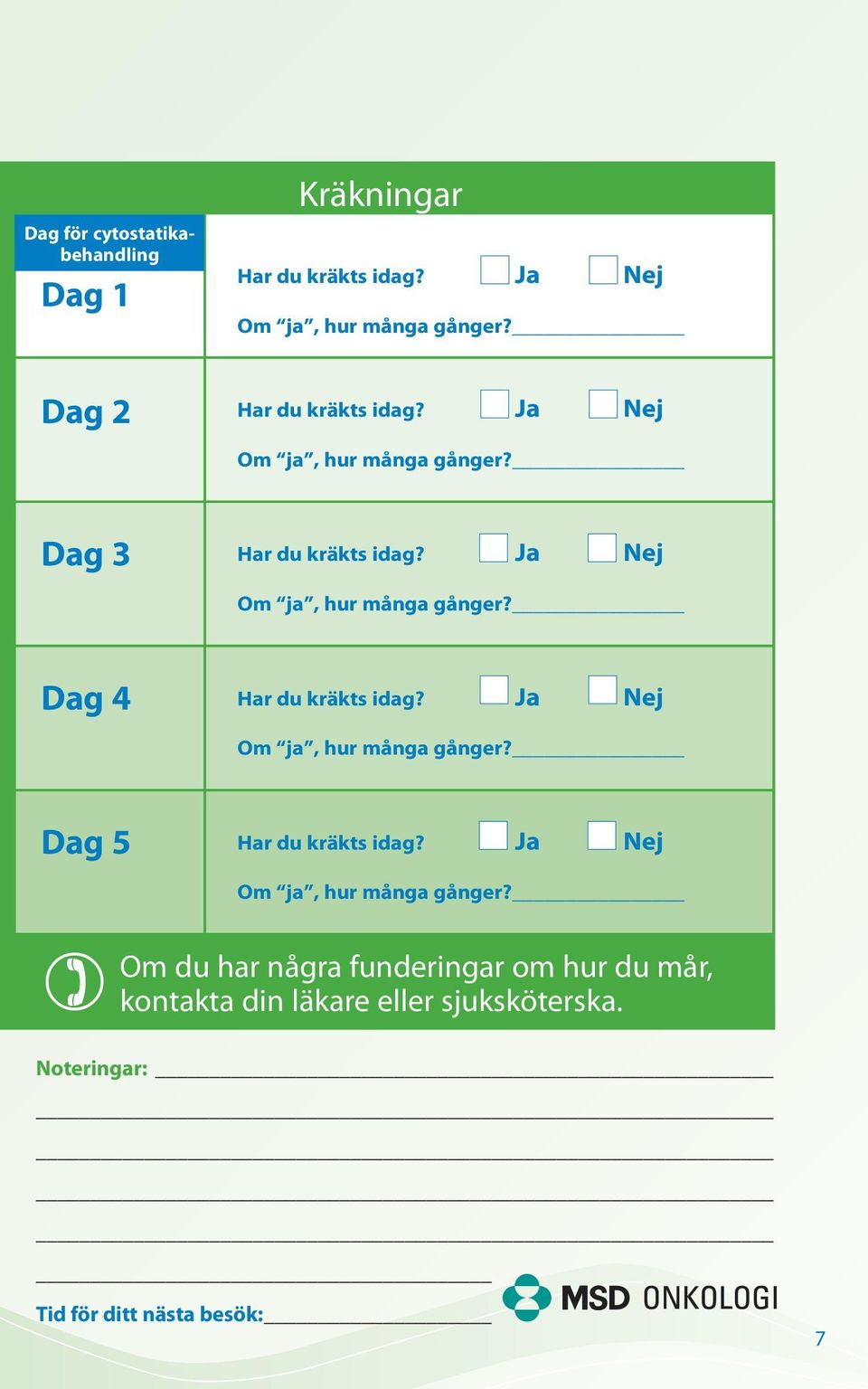 Ja Nej Om ja, hur många gånger? Dag 5 Har du kräkts idag? Ja Nej Om ja, hur många gånger?