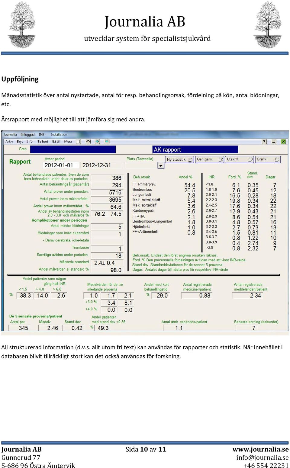 Årsrapport med möjlighet till att jämföra sig med andra. All strukturerad information (d.v.s. allt utom fri text) kan användas för rapporter och statistik.