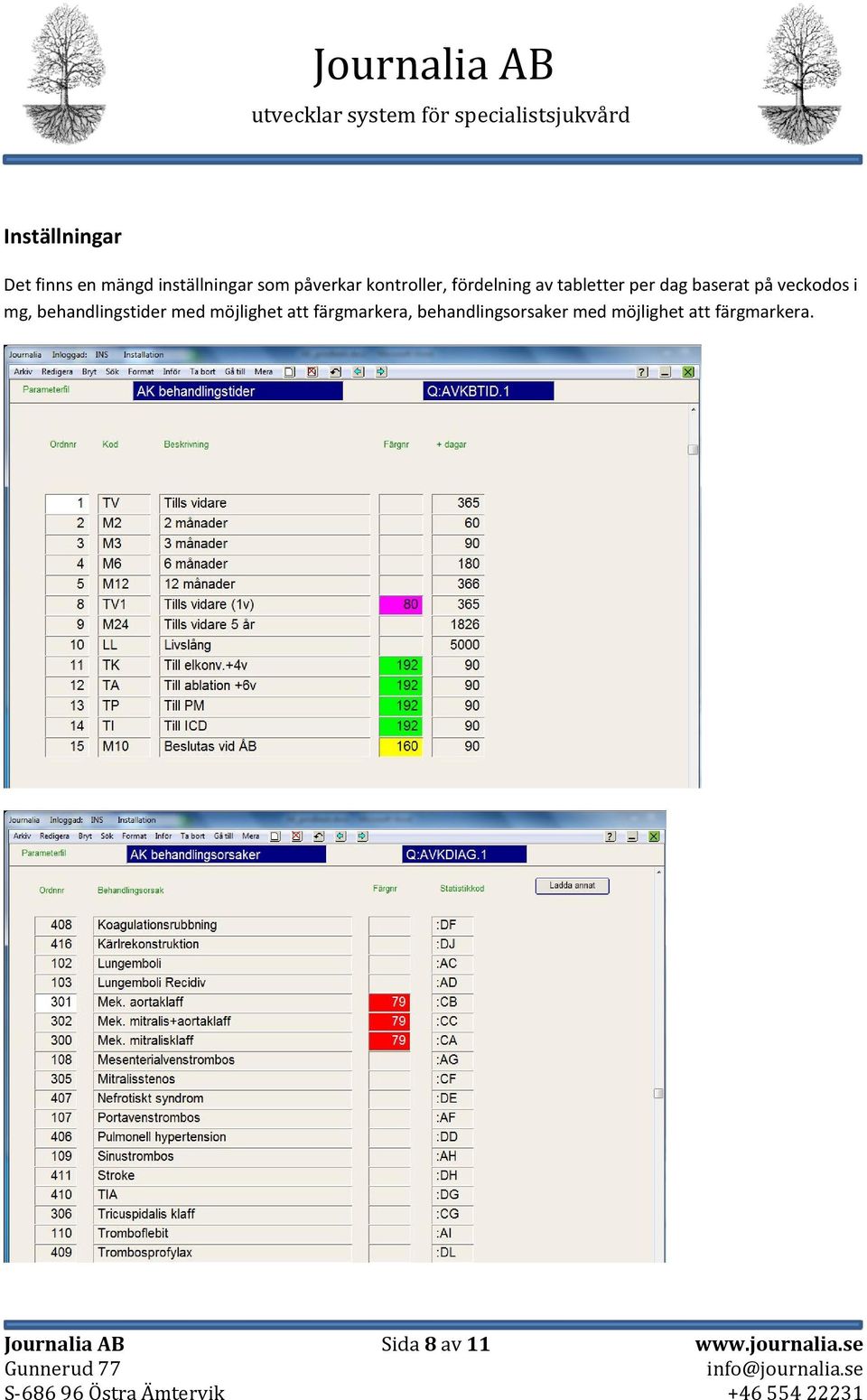 mg, behandlingstider med möjlighet att färgmarkera,