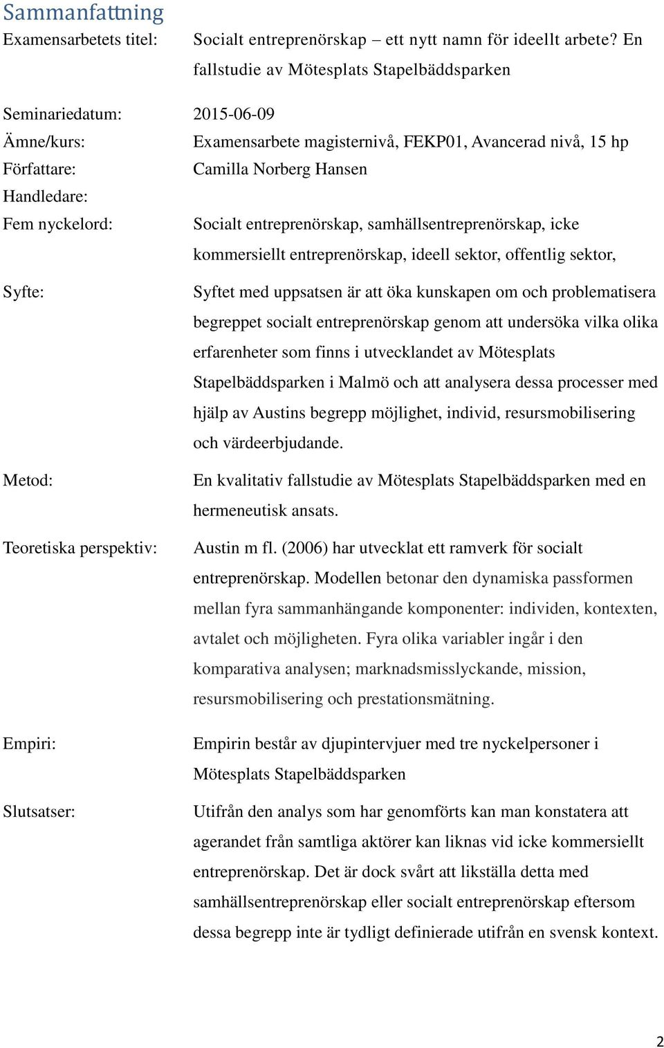 nyckelord: Socialt entreprenörskap, samhällsentreprenörskap, icke kommersiellt entreprenörskap, ideell sektor, offentlig sektor, Syfte: Metod: Teoretiska perspektiv: Empiri: Slutsatser: Syftet med