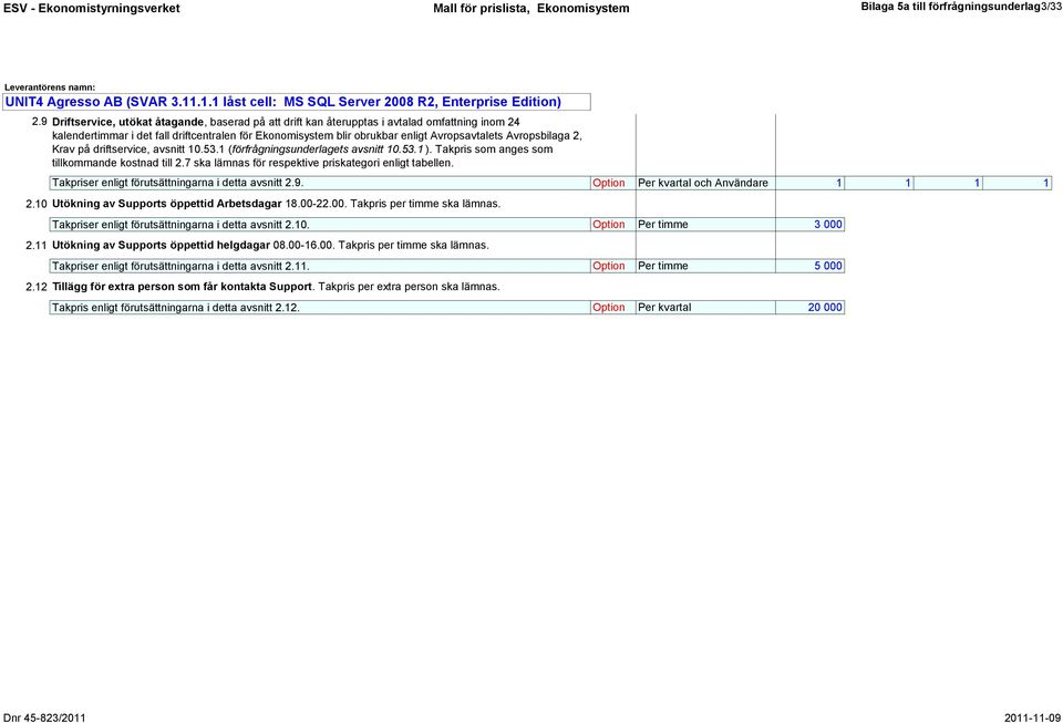 Avropsbilaga 2, Krav på driftservice, avsnitt 10.53.1 (förfrågningsunderlagets avsnitt 10.53.1 ). Takpris som anges som tillkommande kostnad till 2.