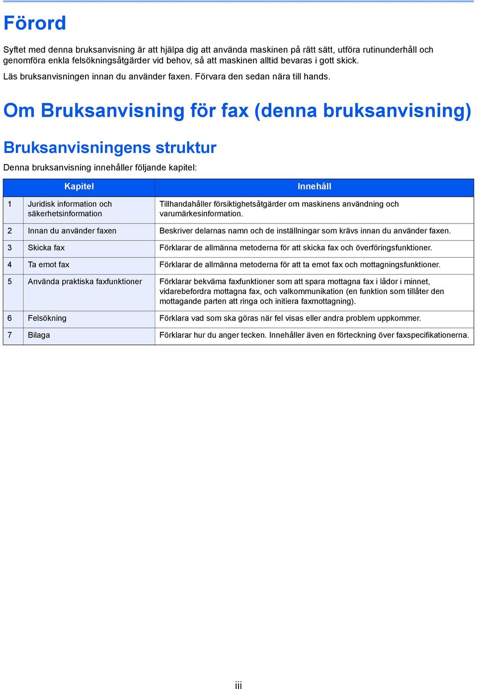 Om Bruksanvisning för fax (denna bruksanvisning) Bruksanvisningens struktur Denna bruksanvisning innehåller följande kapitel: Kapitel 1 Juridisk information och säkerhetsinformation Innehåll