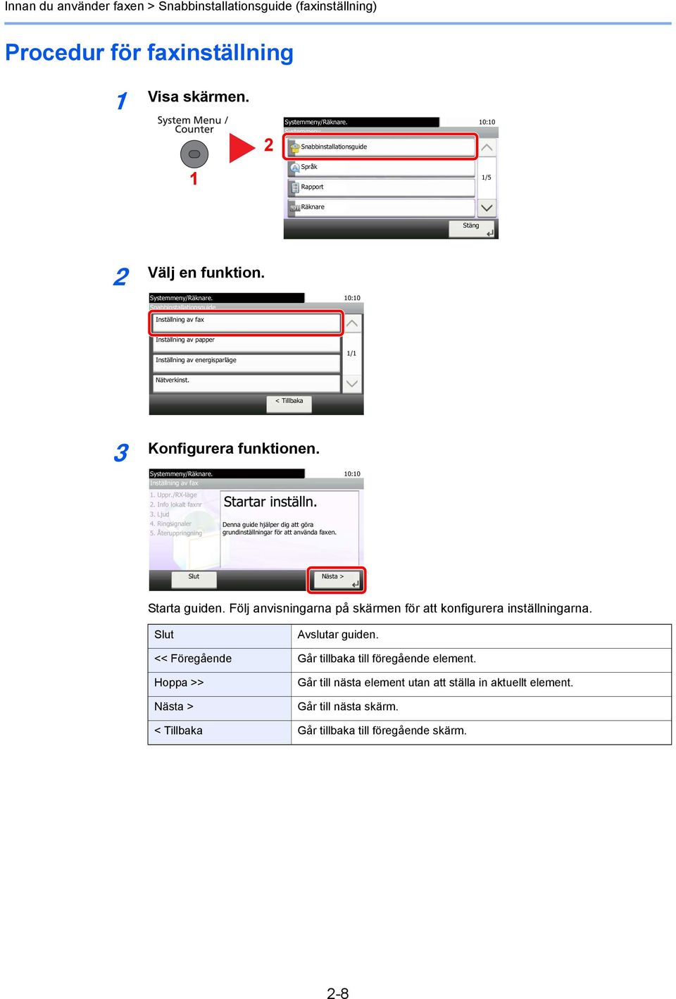 Snabbinstallationsguide Inställning av fax Inställning av papper Inställning av energisparläge 1/1 Nätverkinst. < Tillbaka 3 Konfigurera funktionen. Systemmeny/Räknare. Inställning av fax 1. Uppr.