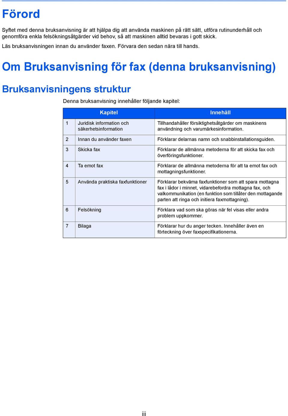 Om Bruksanvisning för fax (denna bruksanvisning) Bruksanvisningens struktur Denna bruksanvisning innehåller följande kapitel: Kapitel 1 Juridisk information och säkerhetsinformation Innehåll