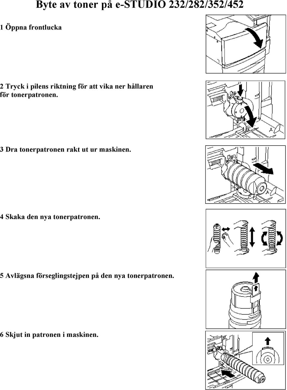 3 Dra tonerpatronen rakt ut ur maskinen. 4 Skaka den nya tonerpatronen.