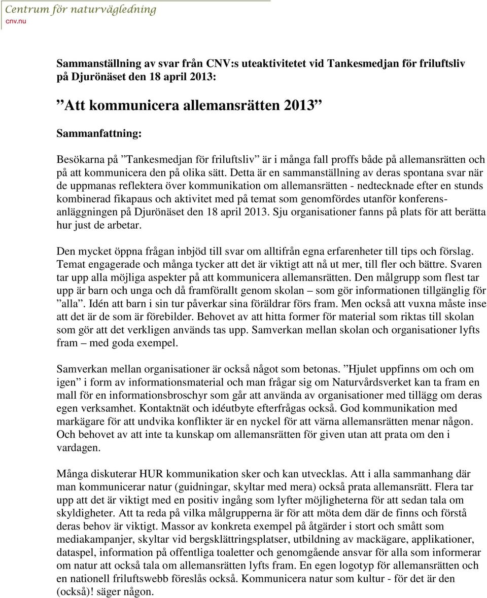 Detta är en sammanställning av deras spontana svar när de uppmanas reflektera över kommunikation om allemansrätten - nedtecknade efter en stunds kombinerad fikapaus och aktivitet med på temat som