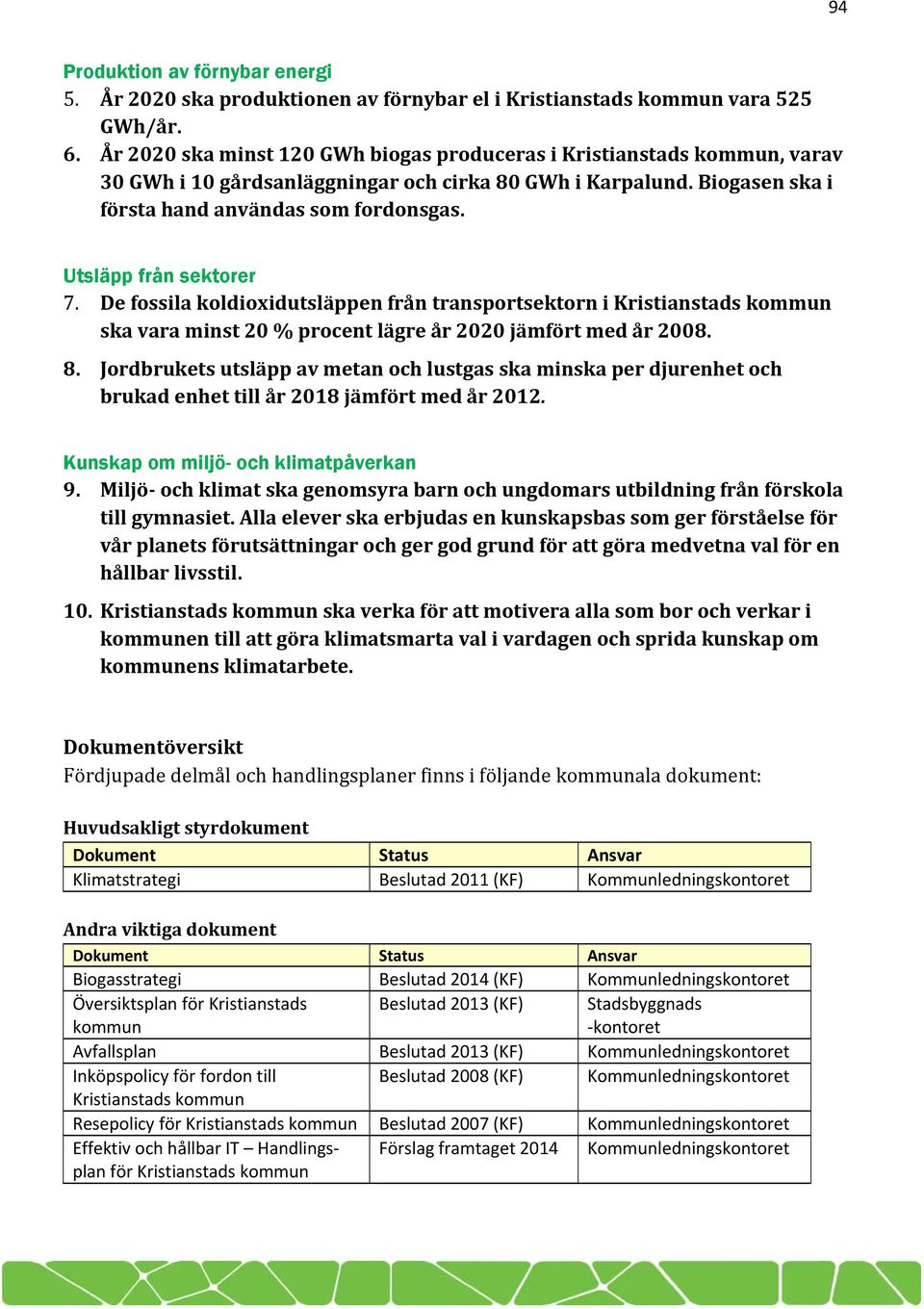 Utsläpp från sektorer 7. De fossila koldioxidutsläppen från transportsektorn i Kristianstads kommun ska vara minst 20 % procent lägre år 2020 jämfört med år 2008. 8.