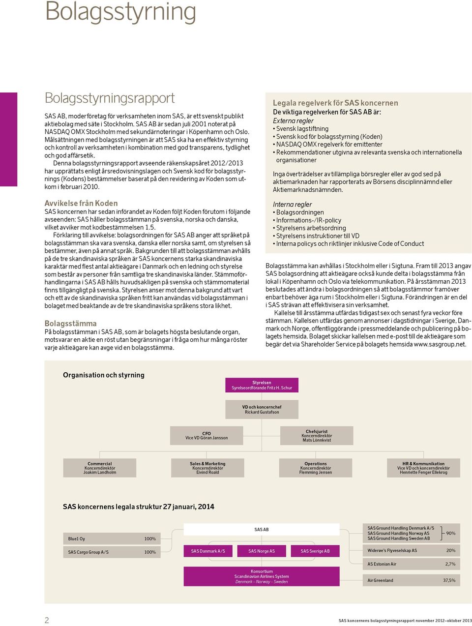 Målsättningen med bolagsstyrningen är att SAS ska ha en effektiv styrning och kontroll av verksamheten i kombination med god transparens, tydlighet och god affärsetik.