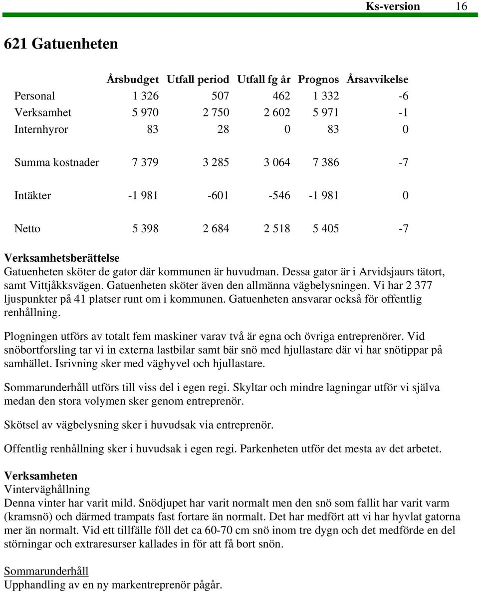 Dessa gator är i Arvidsjaurs tätort, samt Vittjåkksvägen. Gatuenheten sköter även den allmänna vägbelysningen. Vi har 2 377 ljuspunkter på 41 platser runt om i kommunen.