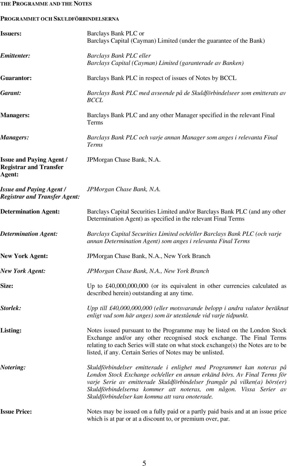 (Cayman) Limited (under the guarantee of the Bank) Barclays Bank PLC eller Barclays Capital (Cayman) Limited (garanterade av Banken) Barclays Bank PLC in respect of issues of Notes by BCCL Barclays