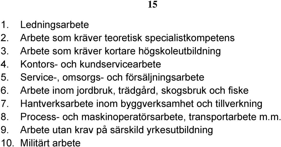 Service-, omsorgs- och försäljningsarbete 6. Arbete inom jordbruk, trädgård, skogsbruk och fiske 7.