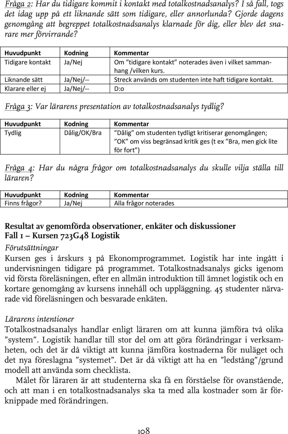 Huvudpunkt Kodning Kommentar Tidigare kontakt Ja/Nej Om tidigare kontakt noterades även i vilket sammanhang /vilken kurs. Liknande sätt Ja/Nej/ Streck används om studenten inte haft tidigare kontakt.