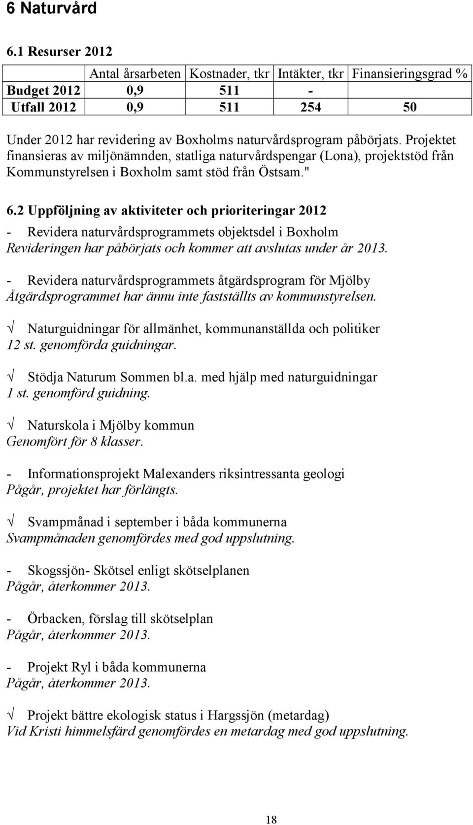 2 Uppföljning av aktiviteter och prioriteringar 2012 - Revidera naturvårdsprogrammets objektsdel i Boxholm Revideringen har påbörjats och kommer att avslutas under år 2013.