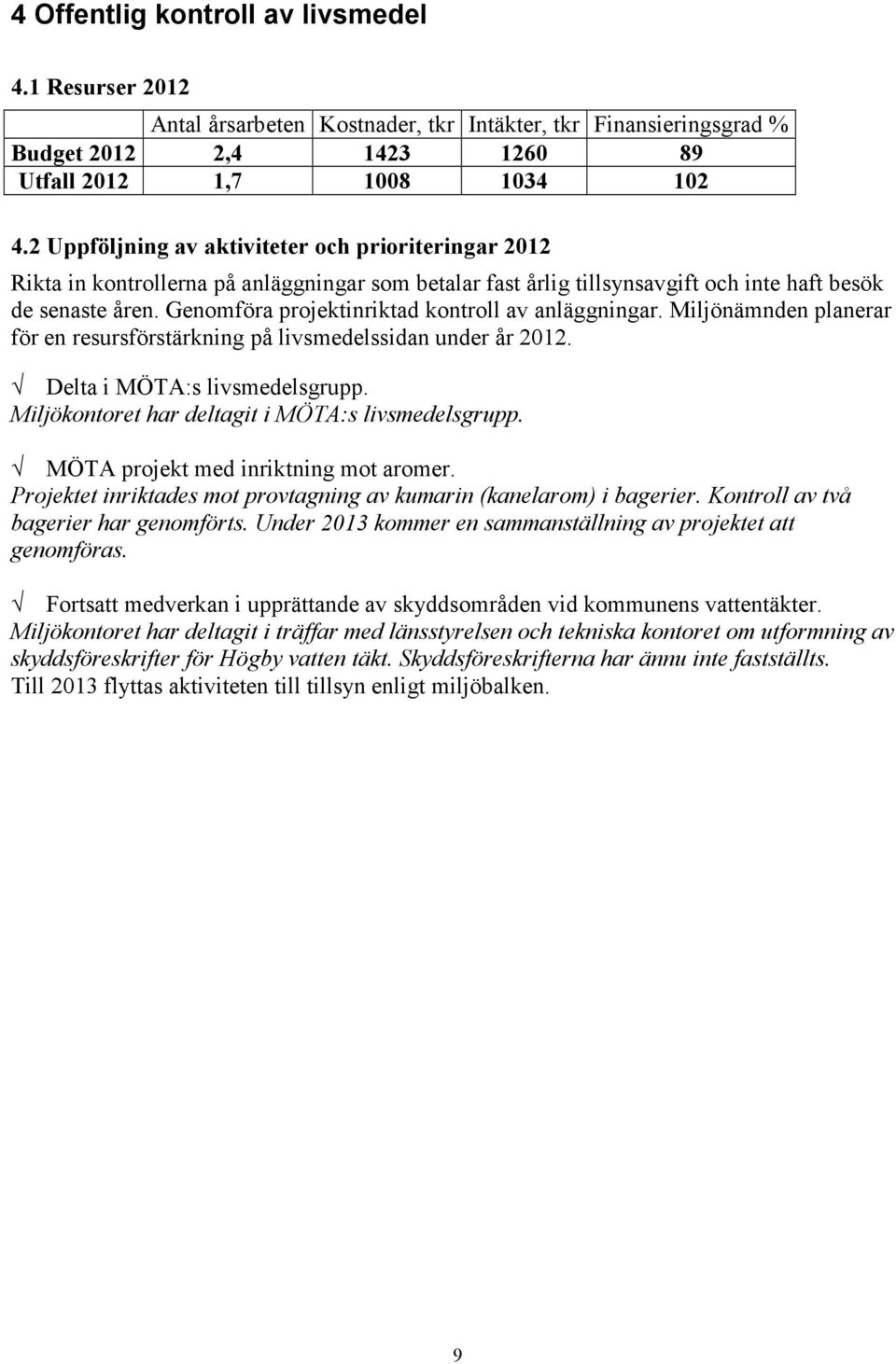 Genomföra projektinriktad kontroll av anläggningar. Miljönämnden planerar för en resursförstärkning på livsmedelssidan under år 2012. Delta i MÖTA:s livsmedelsgrupp.