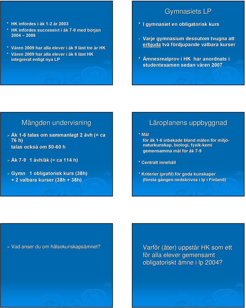 studentexamen sedan våren v 2007 Mängden undervisning Åk k 1-61 6 talas om sammanlagt 2 åvh (= ca 76 h) talas också om 50-60 h Åk k 7-97 1 åvh/ vh/åk k (= ca 114 h) Gymn 1 obligatorisk kurs (38h) + 2