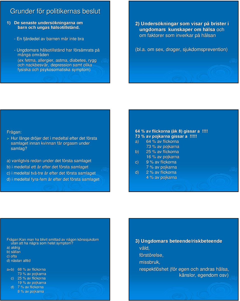 fysiska och psykosomatiska symptom) 2) Undersökningar som visar påp brister i ungdomars kunskaper om hälsa h och om faktorer som inverkar påp hälsan (bl.a. om sex, droger, sjukdomsprevention) Frågan: Hur länge l dröjer det i medeltal efter det första f samlaget innan kvinnan får f r orgasm under samlag?