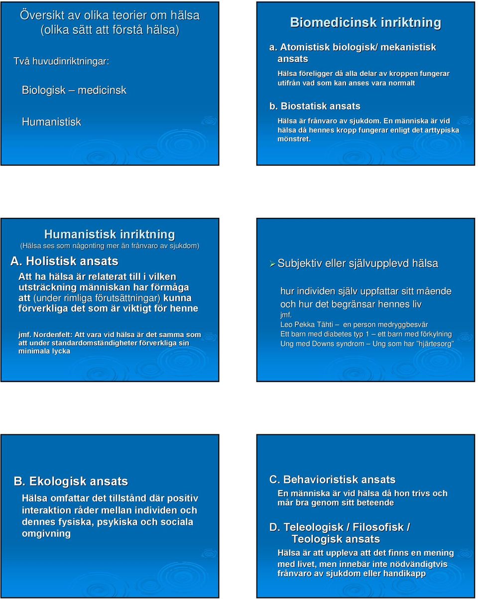 En människa m är r vid hälsa dåd hennes kropp fungerar enligt det arttypiska mönstret. Humanistisk inriktning (Hälsa ses som någonting n mer än n frånvaro av sjukdom) A.