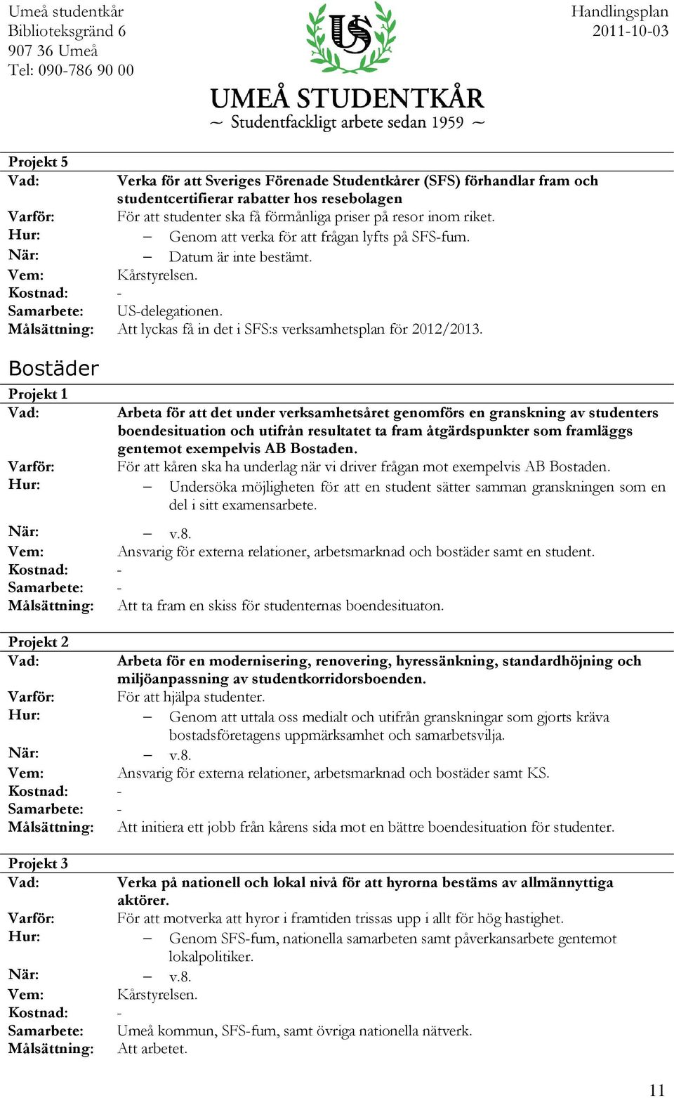 Bostäder Projekt 1 Arbeta för att det under verksamhetsåret genomförs en granskning av studenters boendesituation och utifrån resultatet ta fram åtgärdspunkter som framläggs gentemot exempelvis AB