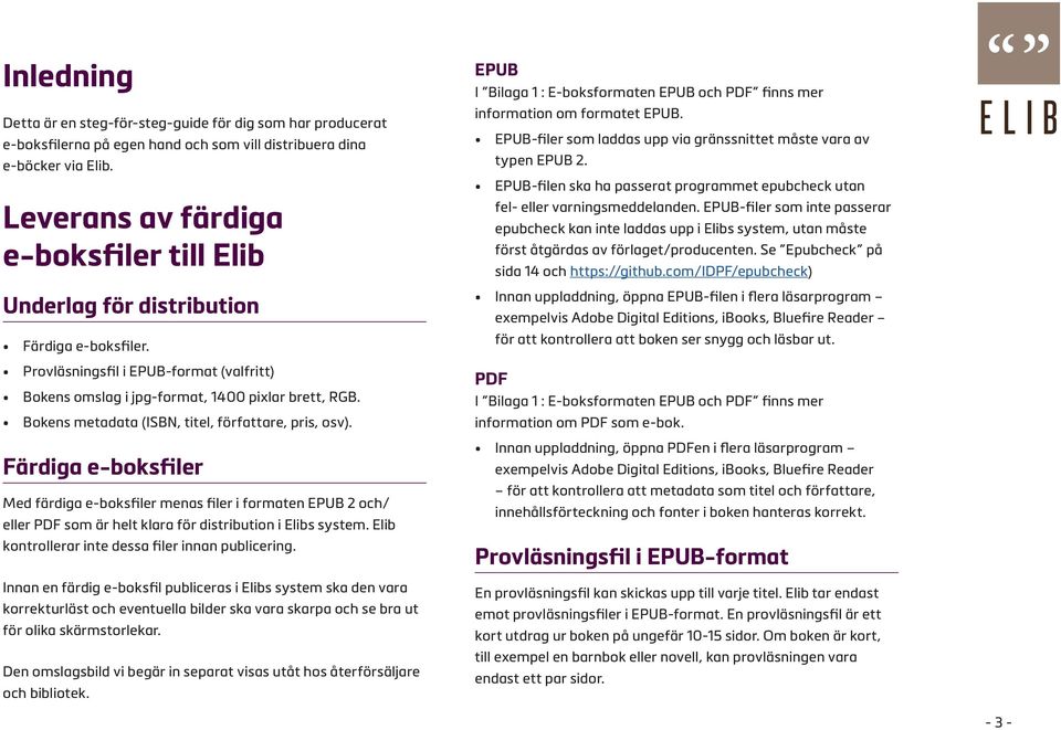 Bokens metadata (ISBN, titel, författare, pris, osv). Färdiga e-boksfiler Med färdiga e-boksfiler menas filer i formaten EPUB 2 och/ eller PDF som är helt klara för distribution i Elibs system.