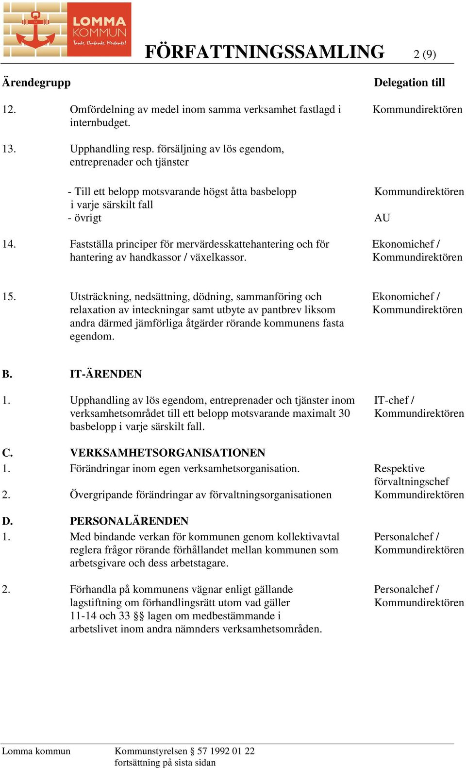 Fastställa principer för mervärdesskattehantering och för hantering av handkassor / växelkassor. 15.