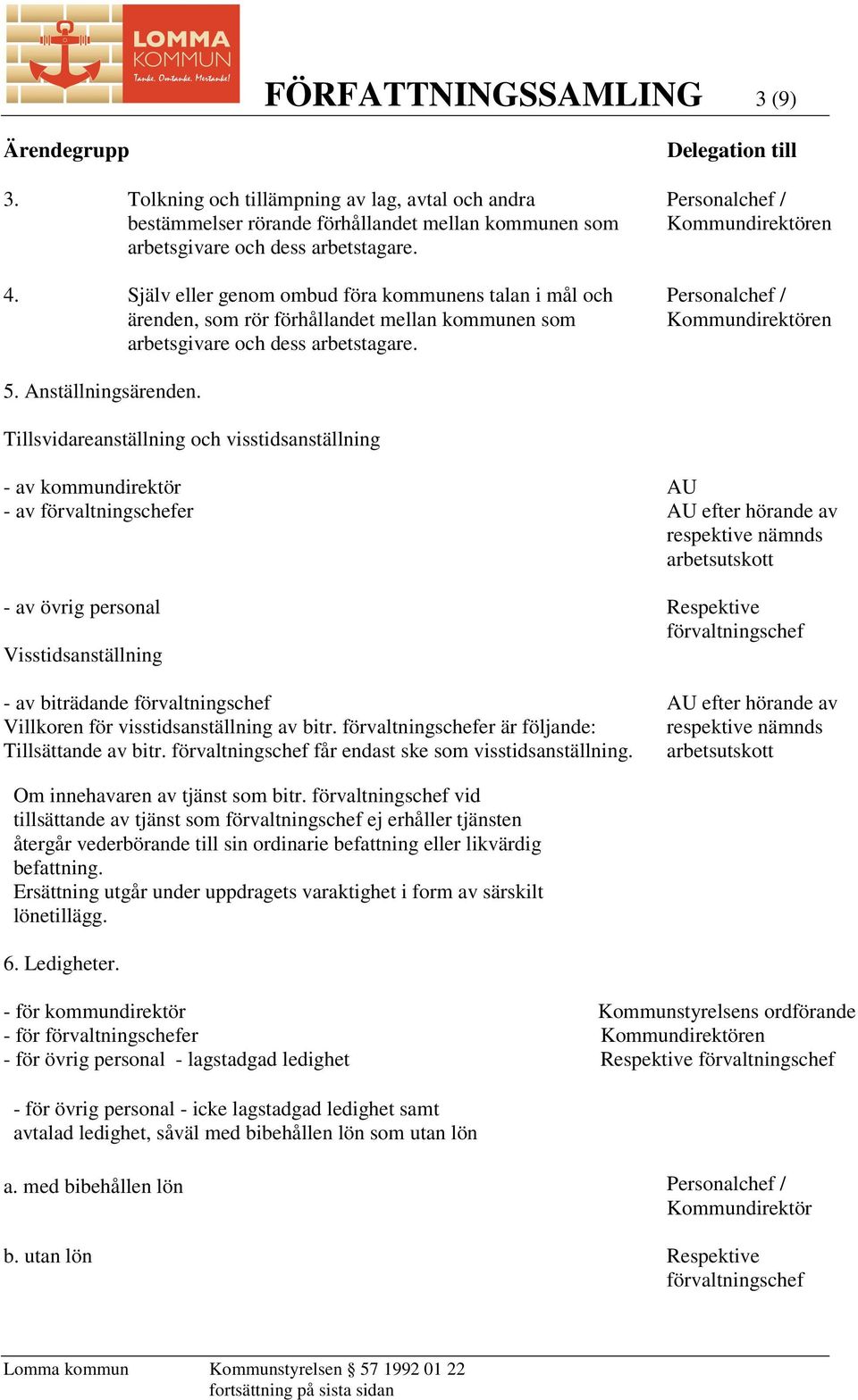 Tillsvidareanställning och visstidsanställning - av kommundirektör - av förvaltningschefer efter hörande av respektive nämnds arbetsutskott - av övrig personal Respektive förvaltningschef