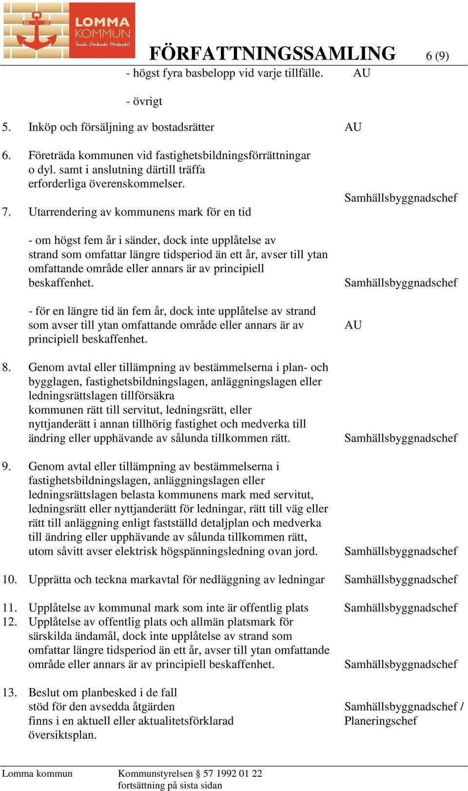 Utarrendering av kommunens mark för en tid - om högst fem år i sänder, dock inte upplåtelse av strand som omfattar längre tidsperiod än ett år, avser till ytan omfattande område eller annars är av