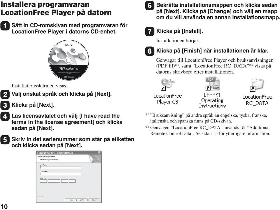 Genvägar till LocationFree Player och bruksanvisningen (PDF fil)* 1, samt LocationFree RC_DATA * 2 visas på datorns skrivbord efter installationen. Installationsskärmen visas.