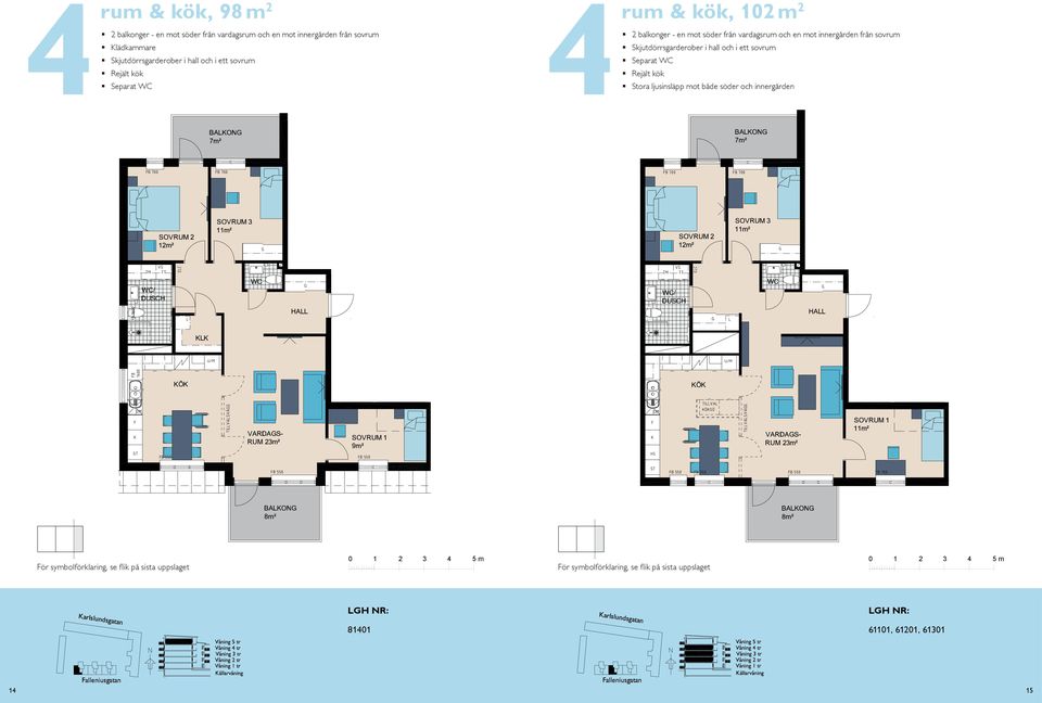 Skjutdörrsgarderober i hall och i ett sovrum Separat WC rum och kök, 6 m² Stora ljusinsläpp mot både söder och inneren Balkong mot BAKO