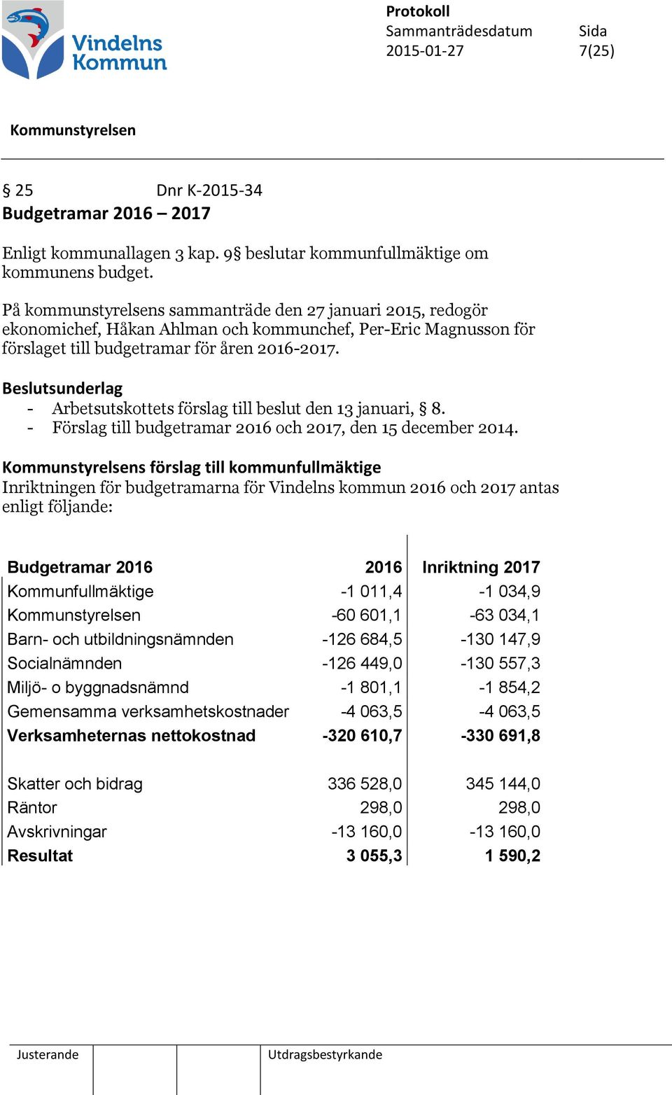 Beslutsunderlag - Arbetsutskottets förslag till beslut den 13 januari, 8. - Förslag till budgetramar 2016 och 2017, den 15 december 2014.