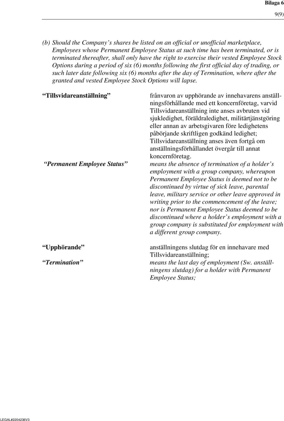 the day of Termination, where after the granted and vested Employee Stock Options will lapse.