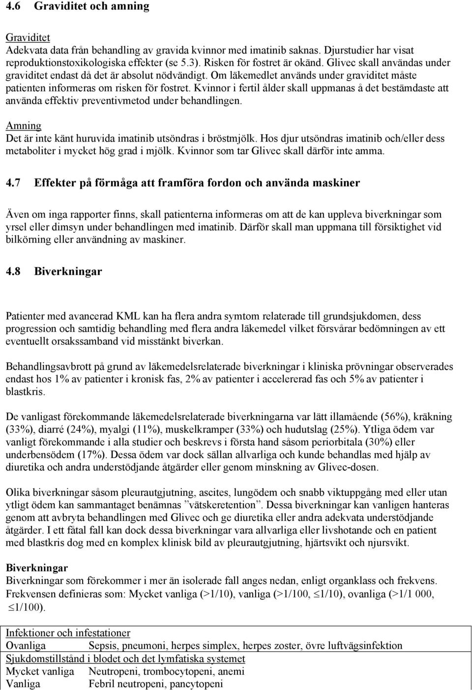 Kvinnor i fertil ålder skall uppmanas å det bestämdaste att använda effektiv preventivmetod under behandlingen. Amning Det är inte känt huruvida imatinib utsöndras i bröstmjölk.