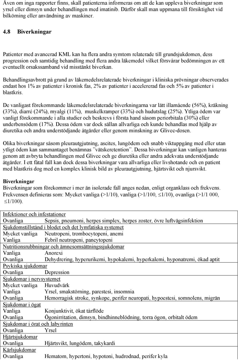 8 Biverkningar Patienter med avancerad KML kan ha flera andra symtom relaterade till grundsjukdomen, dess progression och samtidig behandling med flera andra läkemedel vilket försvårar bedömningen av