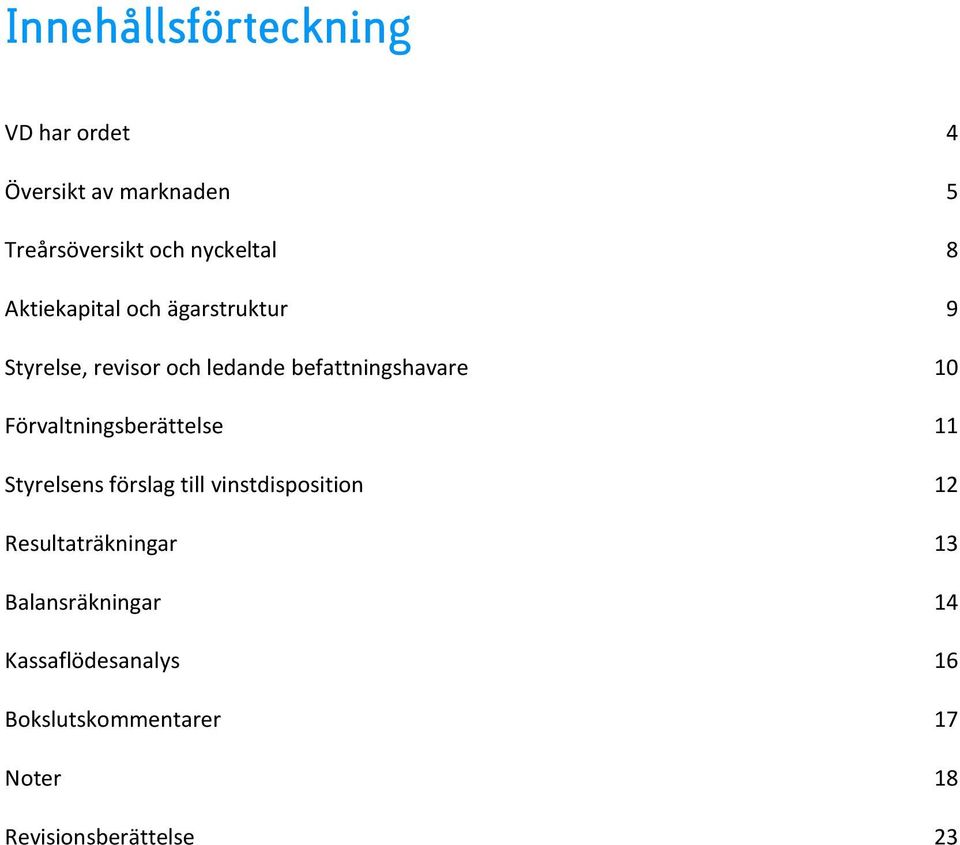 Förvaltningsberättelse 11 Styrelsens förslag till vinstdisposition 12 Resultaträkningar